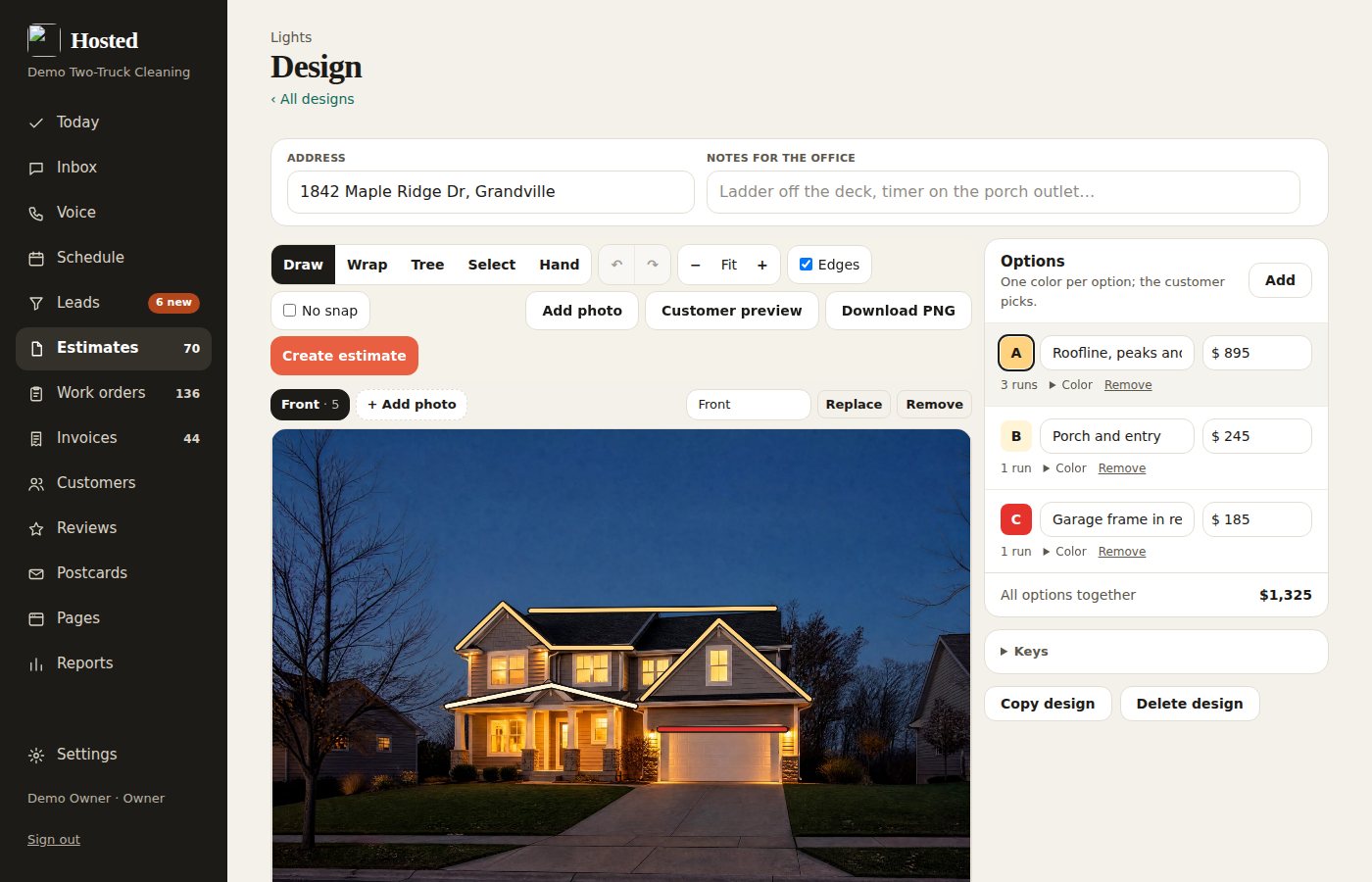 The designer: a photo of a house with the light runs drawn on the roofline