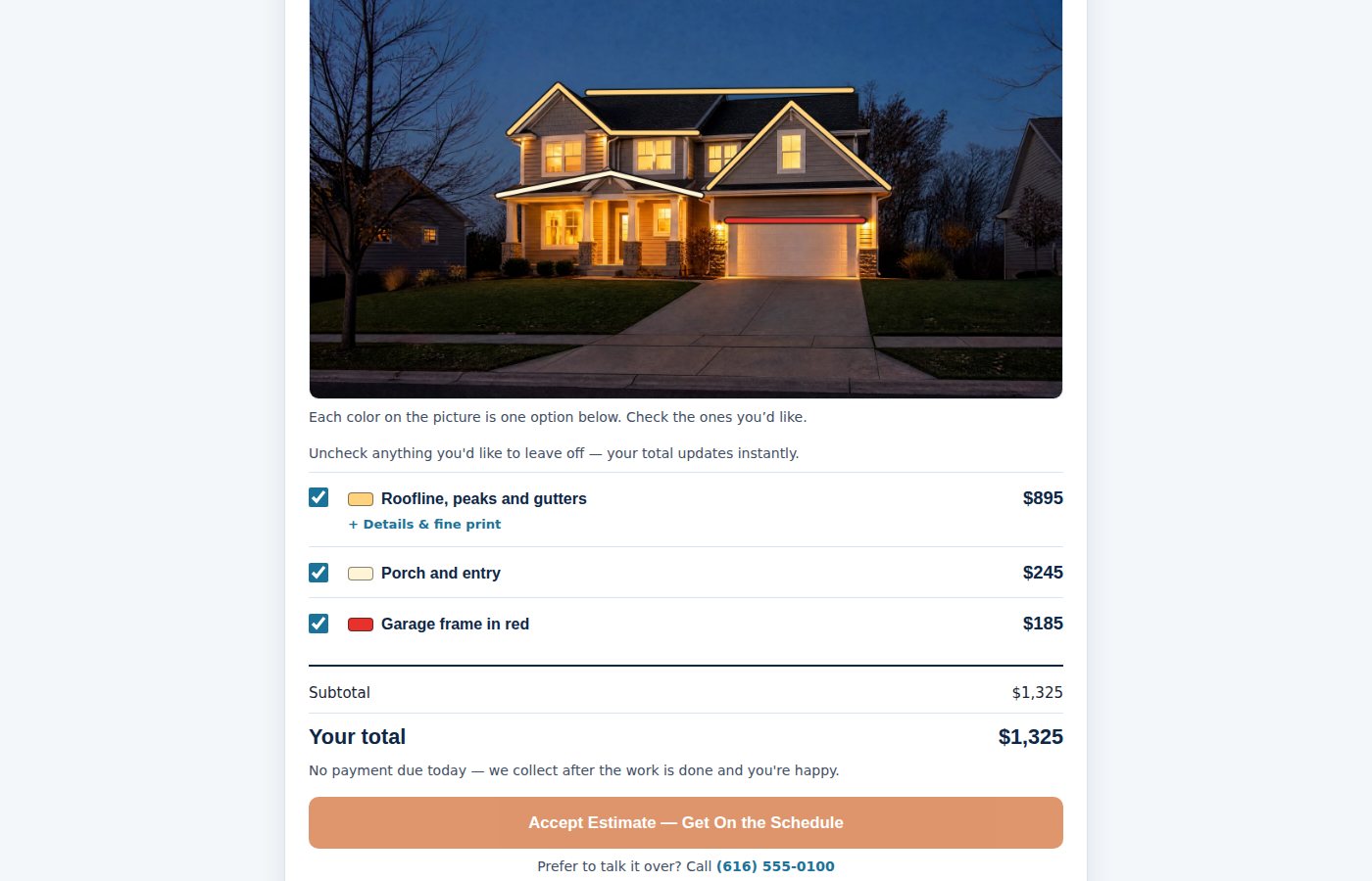 The customer's estimate page with the lit house and the options