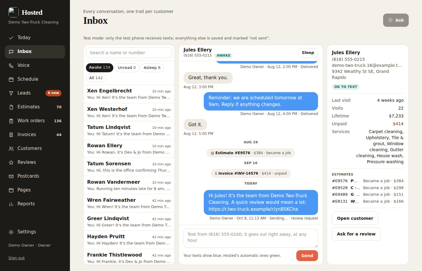 The Inbox: a customer's thread with the estimate's steps in it