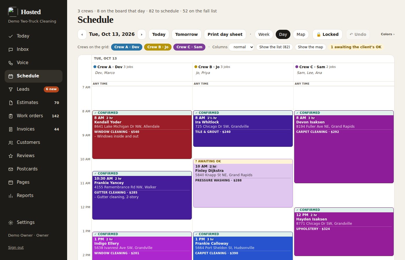 The schedule board with a crew's day of installs